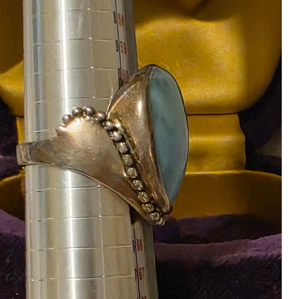 Sterling Silver Larimar Teardrop Statement Ring Size 10.25 Boho Beaded Trim - Picture 4 of 7